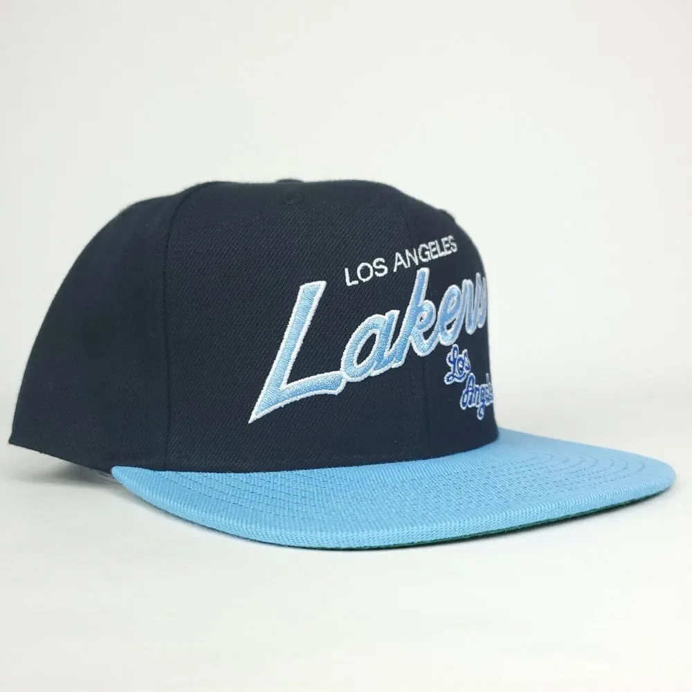 LA Lakers Mitchell & Ness Fitted 7 1/4‎ Flatbill Hat Cap Script Logo Black New